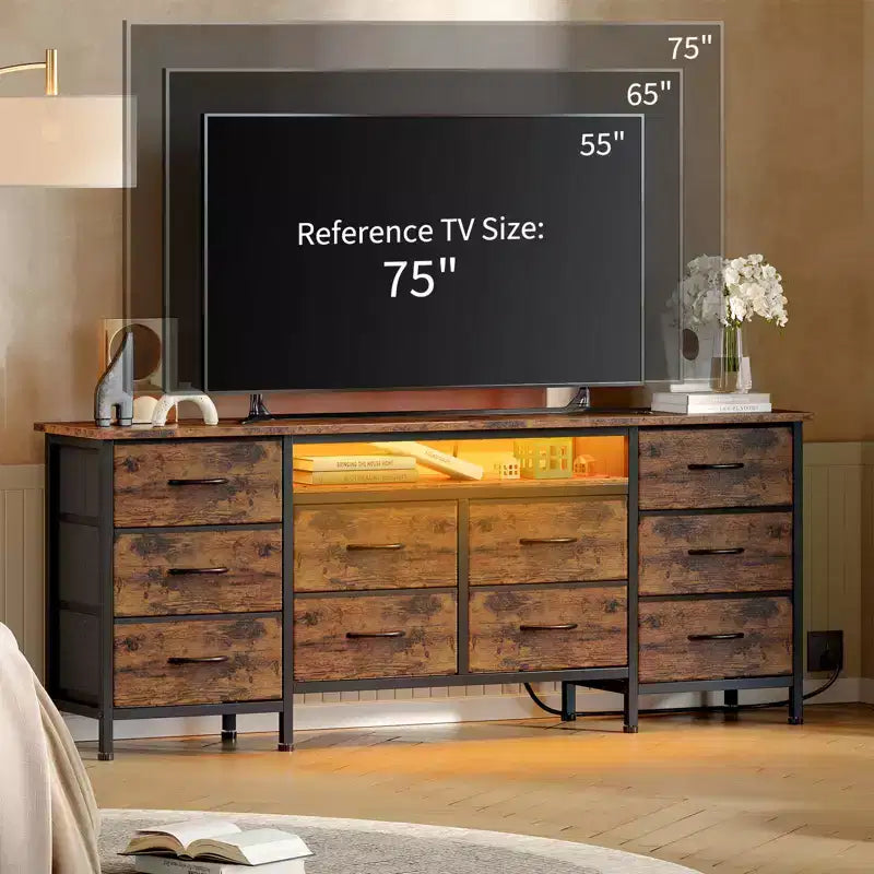 Longue commode de chambre avec 10 tiroirs en tissu, prise de courant et lumière LED, meuble TV pour téléviseurs de 65 à 75 pouces