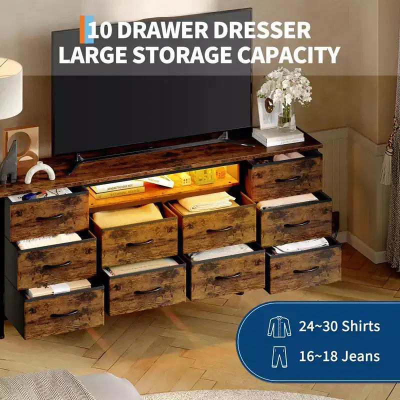 Longue commode de chambre avec 10 tiroirs en tissu, prise de courant et lumière LED, meuble TV pour téléviseurs de 65 à 75 pouces