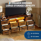 Longue commode de chambre avec 10 tiroirs en tissu, prise de courant et lumière LED, meuble TV pour téléviseurs de 65 à 75 pouces