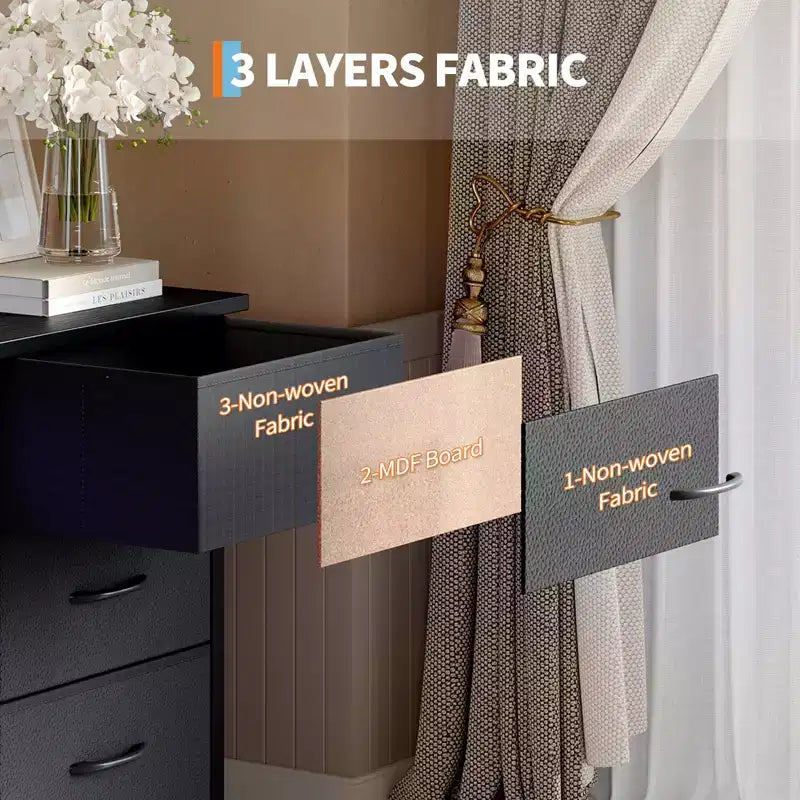 Longue commode de chambre avec 10 tiroirs en tissu, prise de courant et lumière LED, meuble TV pour téléviseurs de 65 à 75 pouces