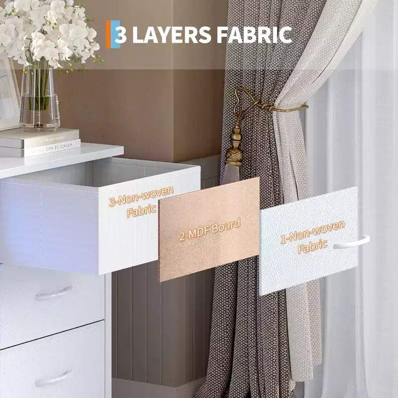 Longue commode de chambre avec 10 tiroirs en tissu, prise de courant et lumière LED, meuble TV pour téléviseurs de 65 à 75 pouces