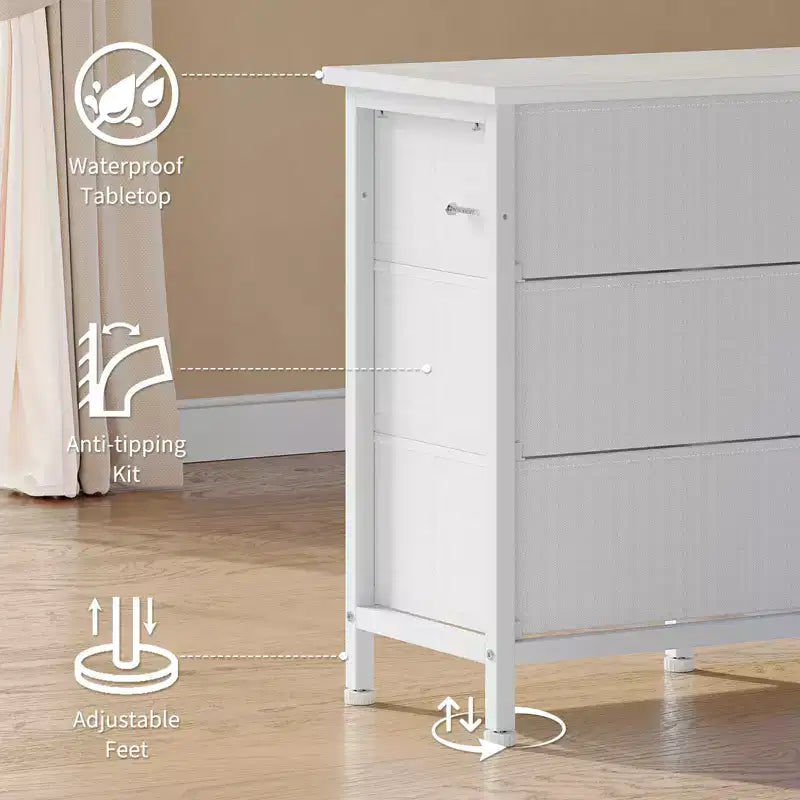 Longue commode de chambre avec 10 tiroirs en tissu, prise de courant et lumière LED, meuble TV pour téléviseurs de 65 à 75 pouces