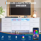 Longue commode de chambre avec 10 tiroirs en tissu, prise de courant et lumière LED, meuble TV pour téléviseurs de 65 à 75 pouces