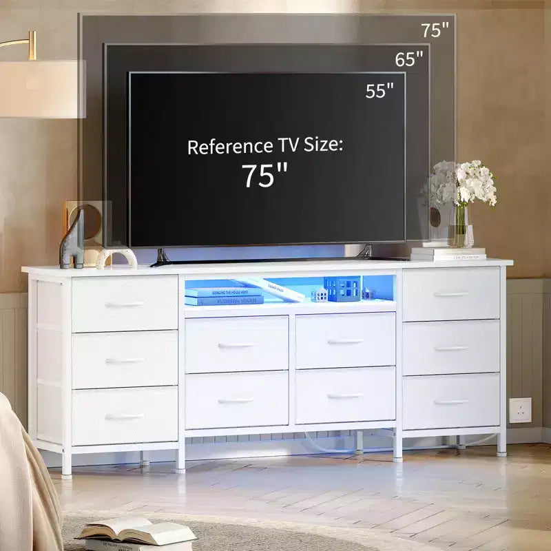 Longue commode de chambre avec 10 tiroirs en tissu, prise de courant et lumière LED, meuble TV pour téléviseurs de 65 à 75 pouces
