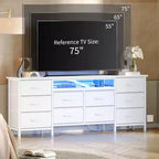 Longue commode de chambre avec 10 tiroirs en tissu, prise de courant et lumière LED, meuble TV pour téléviseurs de 65 à 75 pouces