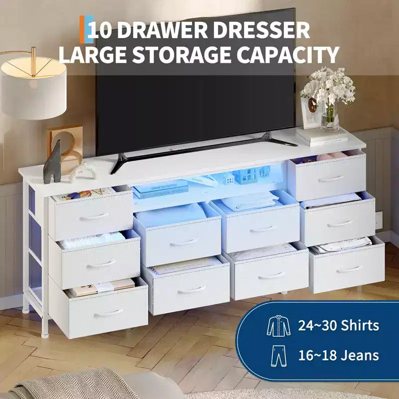 Longue commode de chambre avec 10 tiroirs en tissu, prise de courant et lumière LED, meuble TV pour téléviseurs de 65 à 75 pouces