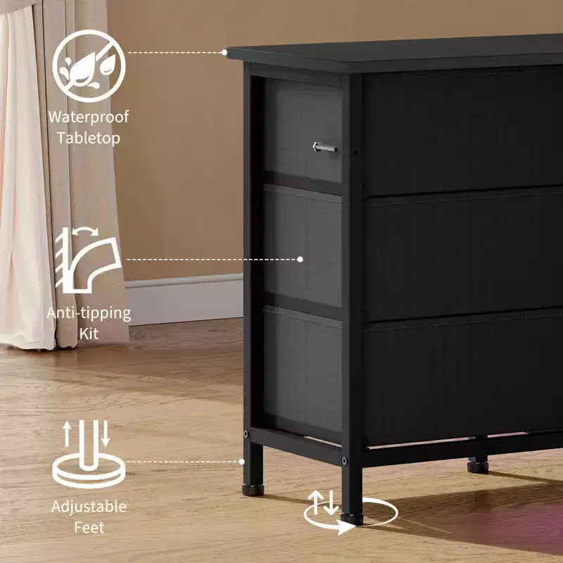 Longue commode de chambre avec 10 tiroirs en tissu, prise de courant et lumière LED, meuble TV pour téléviseurs de 65 à 75 pouces