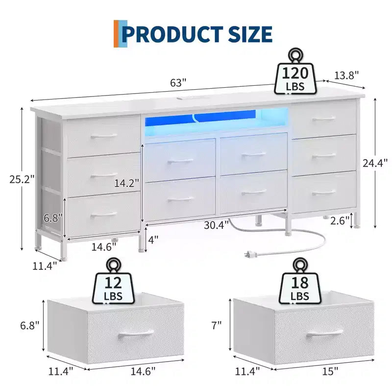 Longue commode de chambre avec 10 tiroirs en tissu, prise de courant et lumière LED, meuble TV pour téléviseurs de 65 à 75 pouces