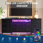 Longue commode de chambre avec 10 tiroirs en tissu, prise de courant et lumière LED, meuble TV pour téléviseurs de 65 à 75 pouces