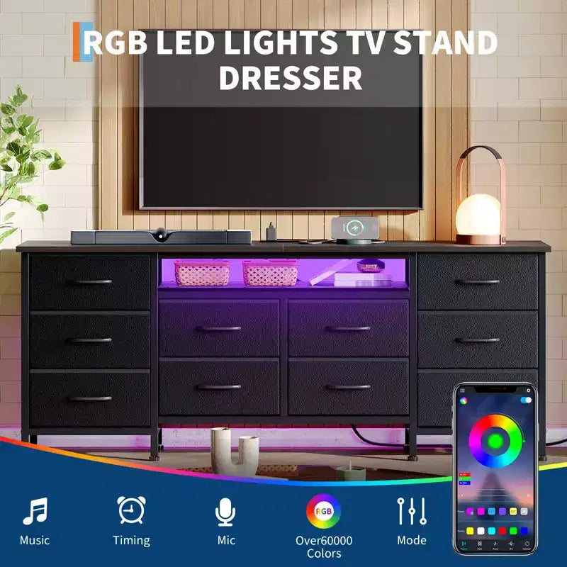 Longue commode de chambre avec 10 tiroirs en tissu, prise de courant et lumière LED, meuble TV pour téléviseurs de 65 à 75 pouces