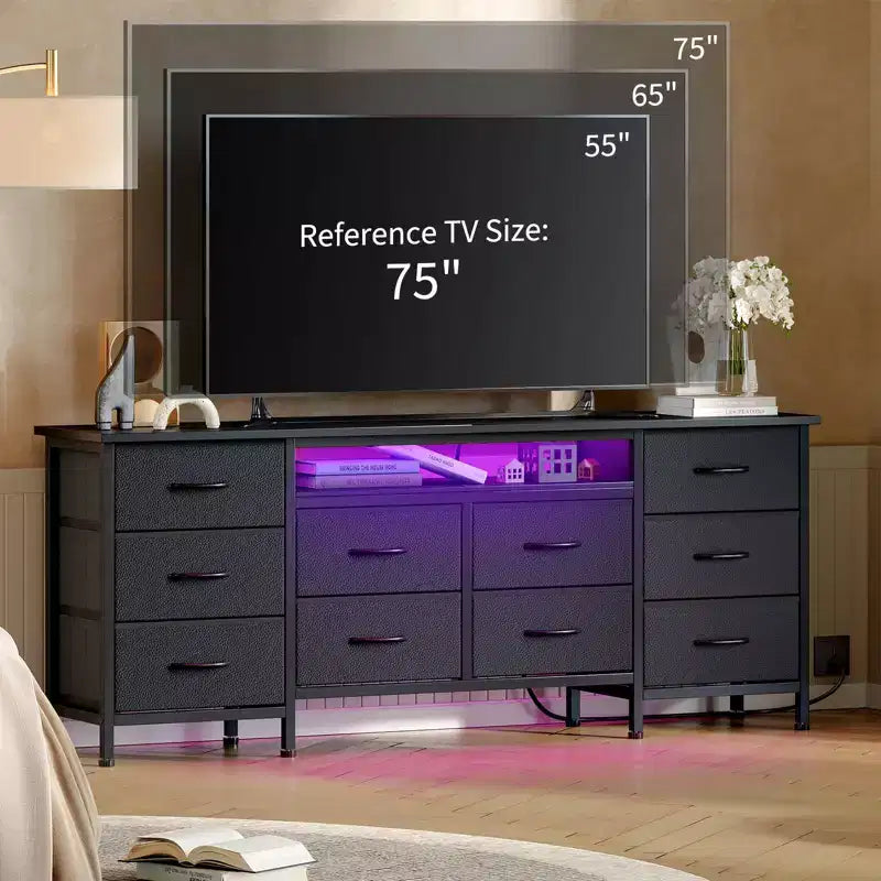 Longue commode de chambre avec 10 tiroirs en tissu, prise de courant et lumière LED, meuble TV pour téléviseurs de 65 à 75 pouces
