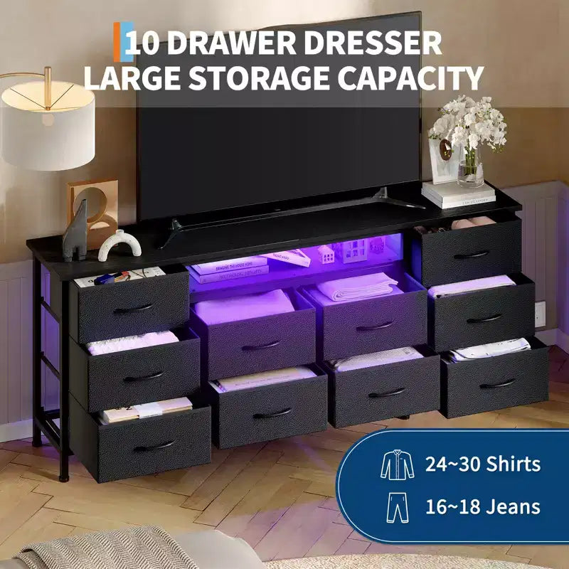 Longue commode de chambre avec 10 tiroirs en tissu, prise de courant et lumière LED, meuble TV pour téléviseurs de 65 à 75 pouces