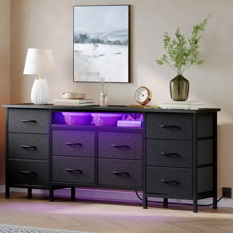 Longue commode de chambre avec 10 tiroirs en tissu, prise de courant et lumière LED, meuble TV pour téléviseurs de 65 à 75 pouces