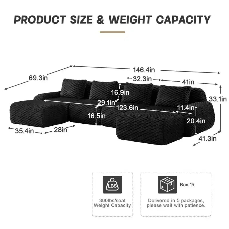 Canapé modulaire en forme de U 146, flanelle, 4 places, ottoman, boucle, sans montage, noir