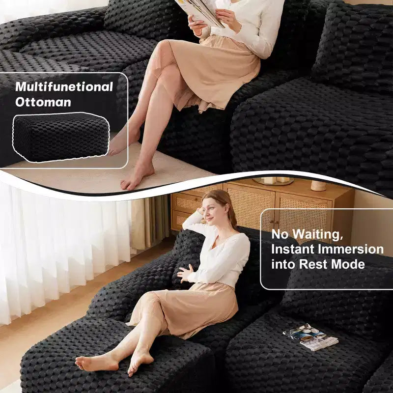 Canapé modulaire en forme de U 146, flanelle, 4 places, ottoman, boucle, sans montage, noir