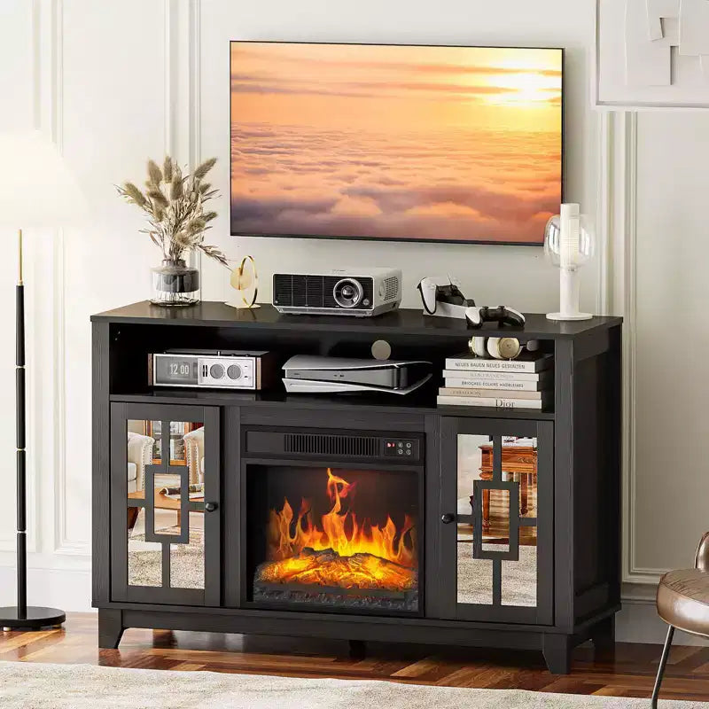 Meuble TV avec cheminée électrique Karl pour téléviseur de 60 pouces, centre de divertissement moderne avec meuble de rangement avec porte vitrée