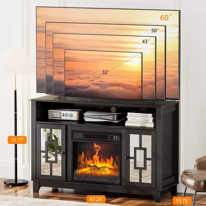 Meuble TV avec cheminée électrique Karl pour téléviseur de 60 pouces, centre de divertissement moderne avec meuble de rangement avec porte vitrée
