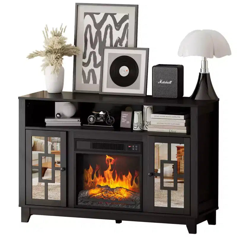 Meuble TV avec cheminée électrique Karl pour téléviseur de 60 pouces, centre de divertissement moderne avec meuble de rangement avec porte vitrée