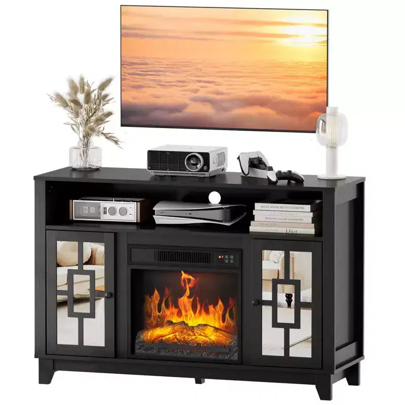 Meuble TV avec cheminée électrique Karl pour téléviseur de 60 pouces, centre de divertissement moderne avec meuble de rangement avec porte vitrée
