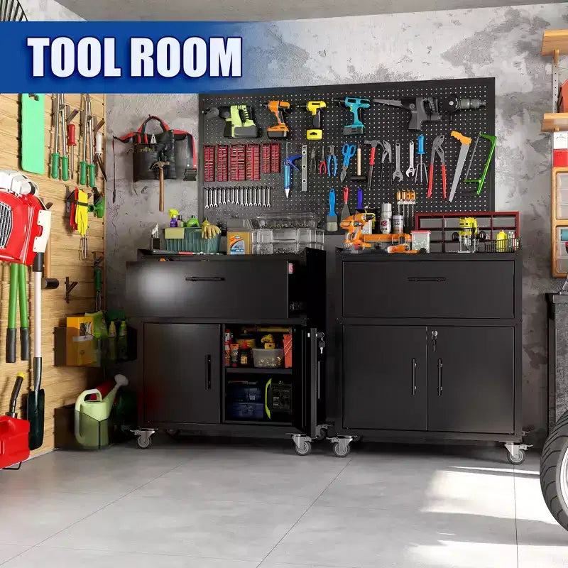 Meuble de rangement à outils Clihome avec 2 portes et 1 tiroir verrouillable, armoire de rangement roulante avec roulettes verrouillables, organiseur métallique avec étagère réglable
