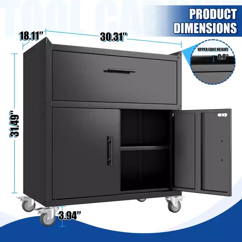 Meuble de rangement à outils Clihome avec 2 portes et 1 tiroir verrouillable, armoire de rangement roulante avec roulettes verrouillables, organiseur métallique avec étagère réglable