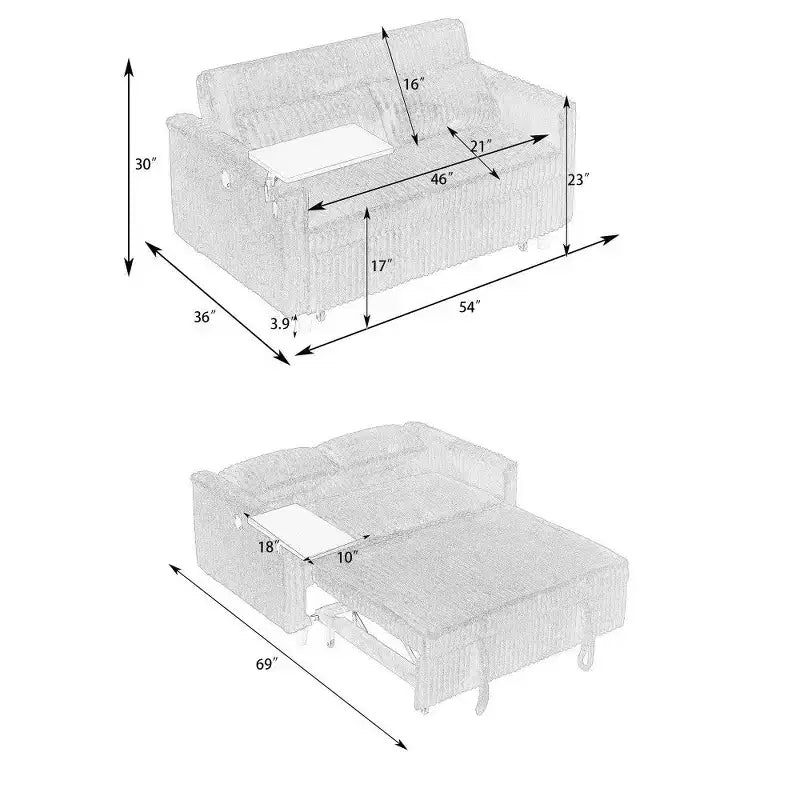 Canapé convertible gain de place TUYOHW, canapé-lit en velours côtelé avec plateau de table mobile et port USB, causeuse multifonctionnelle pour salon