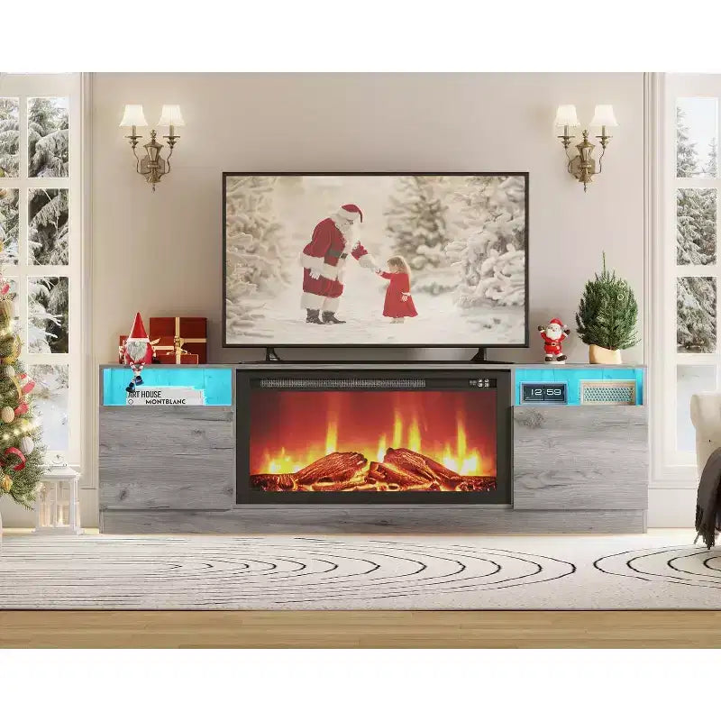 Meuble TV noir de 70 po pour salon, meuble console TV moderne en bois avec armoire de rangement, convient aux téléviseurs jusqu'à 75 po, compatible avec un foyer électrique de 36 po