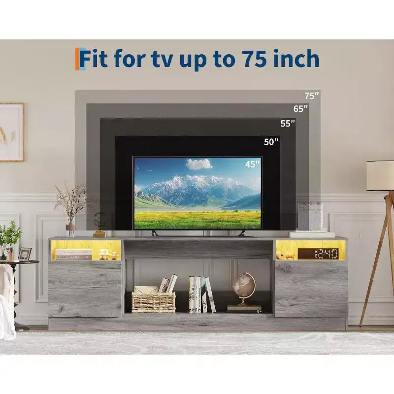 Meuble TV noir de 70 po pour salon, meuble console TV moderne en bois avec armoire de rangement, convient aux téléviseurs jusqu'à 75 po, compatible avec un foyer électrique de 36 po