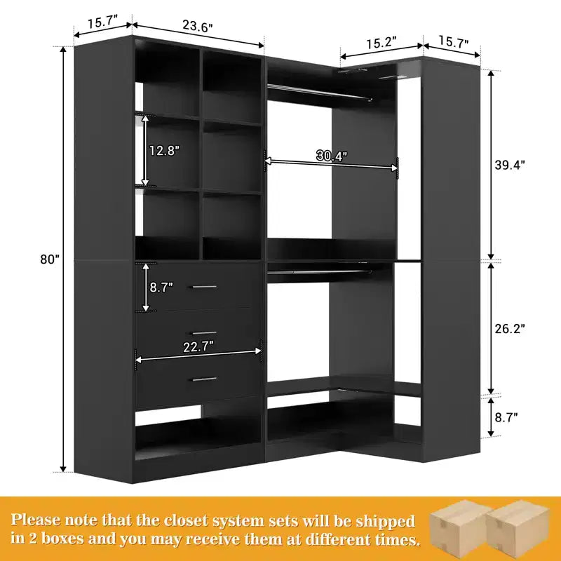 Besiost Set of 2 Freestanding Closet System with 4 Drawers, Walk-In Wardrobe Organizer with Hanging Rod