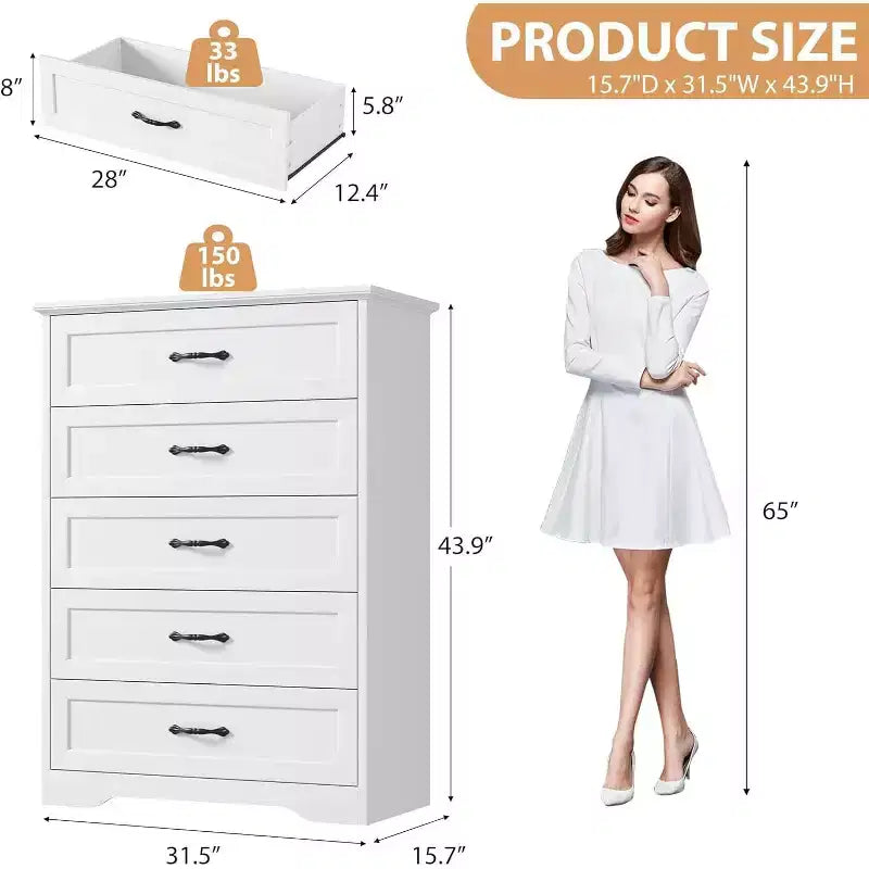 Commode à 5 tiroirs, blanche, rangement robuste, tiroirs à coulissement doux, pour chambre à coucher et chambre d'amis