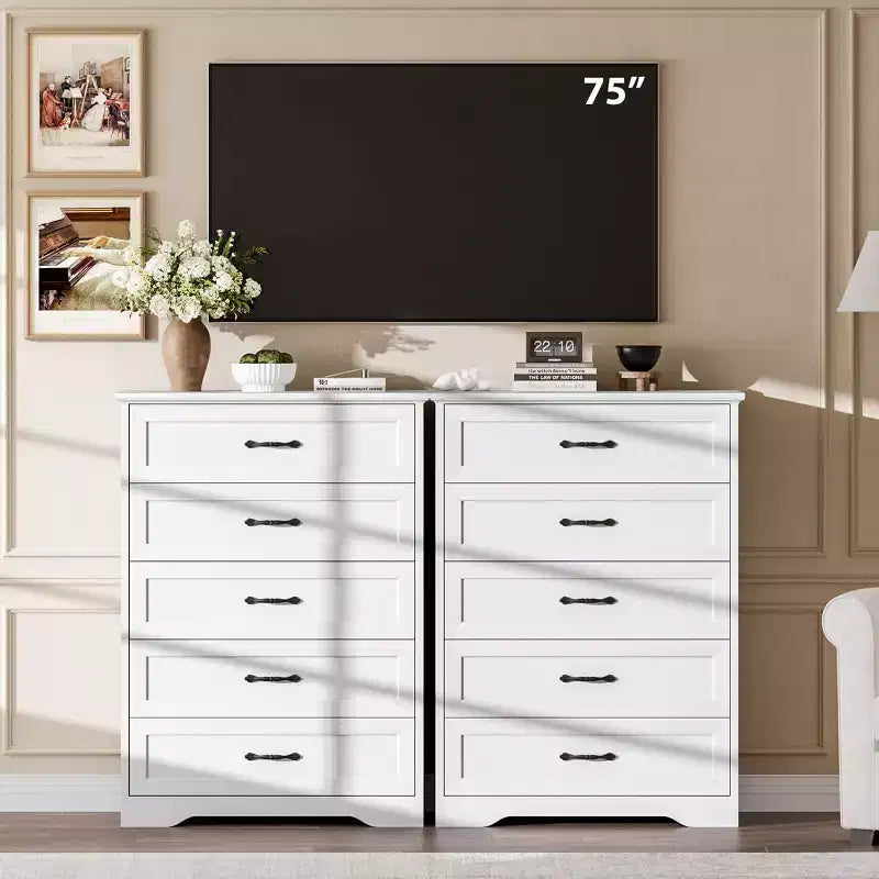 Commode à 5 tiroirs, blanche, rangement robuste, tiroirs à coulissement doux, pour chambre à coucher et chambre d'amis
