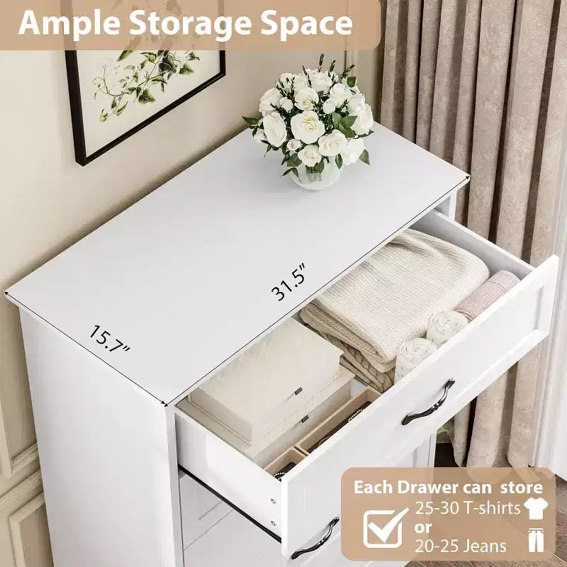 Commode à 5 tiroirs, blanche, rangement robuste, tiroirs à coulissement doux, pour chambre à coucher et chambre d'amis