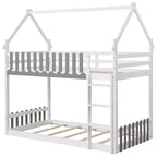 Costway Twin Over Twin Bunk Bed w/ Fence & Ladder Solid Wood Floor Bunk Bed for Kids White
