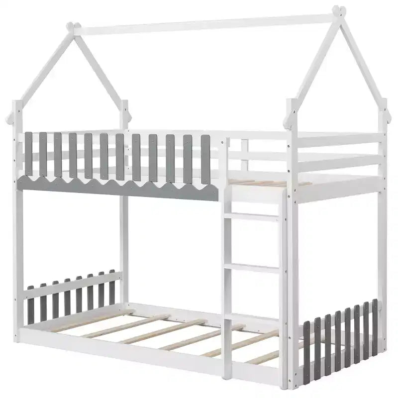 Costway Twin Over Twin Bunk Bed w/ Fence & Ladder Solid Wood Floor Bunk Bed for Kids White