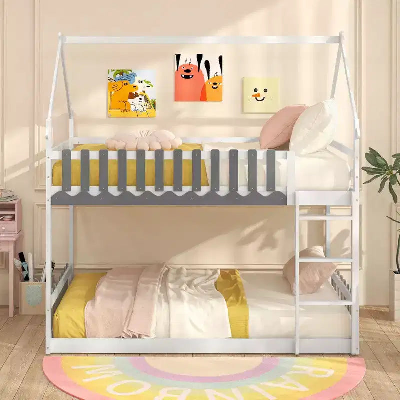 Costway Lit Superposé Jumeau sur Jumeau avec Barrière de Sécurité et Échelle en Bois Massif pour Enfants, Blanc