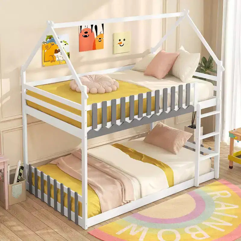 Costway Lit Superposé Jumeau sur Jumeau avec Barrière de Sécurité et Échelle en Bois Massif pour Enfants, Blanc