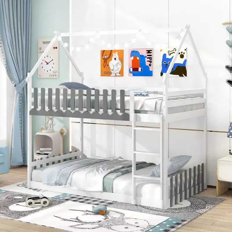 Costway Lit Superposé Jumeau sur Jumeau avec Barrière de Sécurité et Échelle en Bois Massif pour Enfants, Blanc