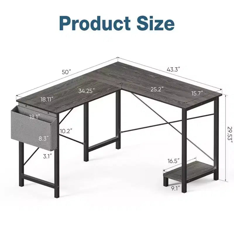 Bureau d'angle en forme de L TUYOHW pour le jeu et le bureau, bureau de jeu d'angle de 127 cm avec support CPU et poche latérale, poste de travail de bureau à domicile