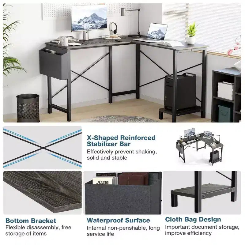Bureau d'angle en forme de L TUYOHW pour le jeu et le bureau, bureau de jeu d'angle de 127 cm avec support CPU et poche latérale, poste de travail de bureau à domicile