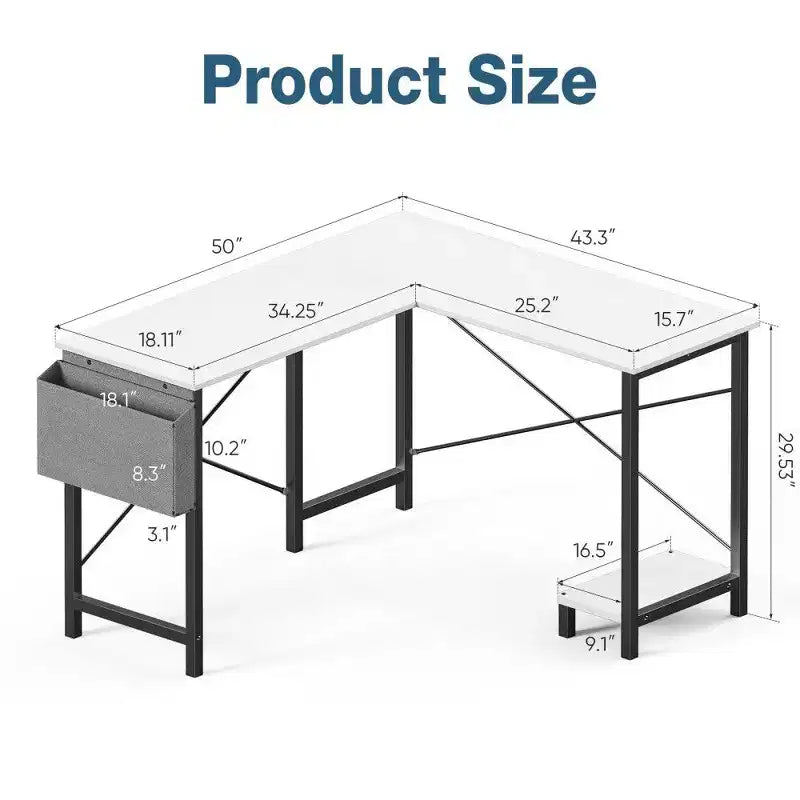 Bureau d'angle en forme de L TUYOHW pour le jeu et le bureau, bureau de jeu d'angle de 127 cm avec support CPU et poche latérale, poste de travail de bureau à domicile