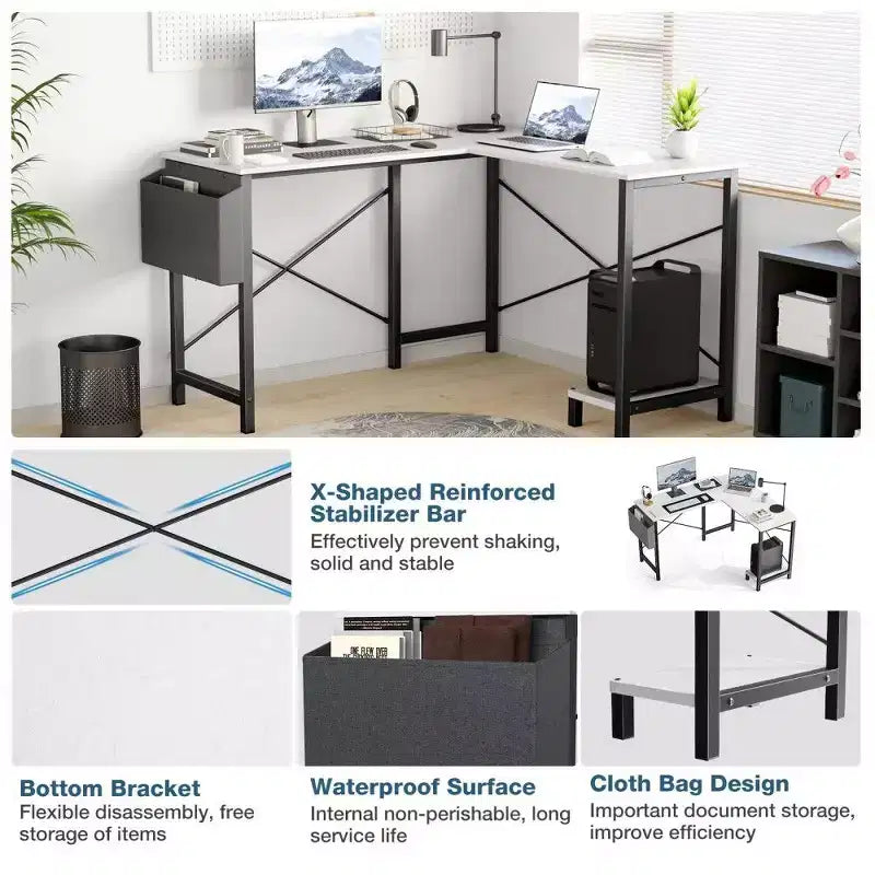 Bureau d'angle en forme de L TUYOHW pour le jeu et le bureau, bureau de jeu d'angle de 127 cm avec support CPU et poche latérale, poste de travail de bureau à domicile