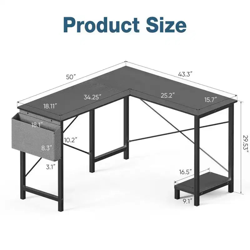 Bureau d'angle en forme de L TUYOHW pour le jeu et le bureau, bureau de jeu d'angle de 127 cm avec support CPU et poche latérale, poste de travail de bureau à domicile