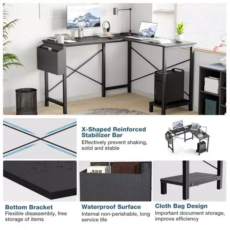 Bureau d'angle en forme de L TUYOHW pour le jeu et le bureau, bureau de jeu d'angle de 127 cm avec support CPU et poche latérale, poste de travail de bureau à domicile