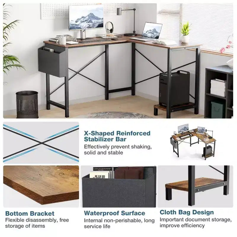 Bureau d'angle en forme de L TUYOHW pour le jeu et le bureau, bureau de jeu d'angle de 127 cm avec support CPU et poche latérale, poste de travail de bureau à domicile