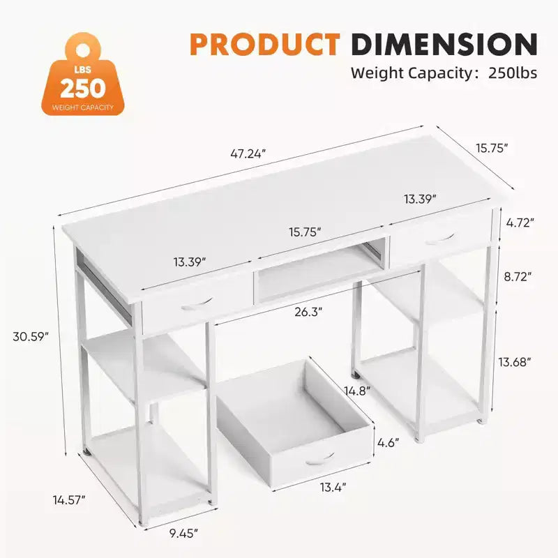 TUYOHW 48 Bureau d'ordinateur avec 2 tiroirs, bureau d'écriture avec étagères ouvertes pour coiffeuse, bureau d'étude, bureau de jeu pour bureau à domicile, dortoir