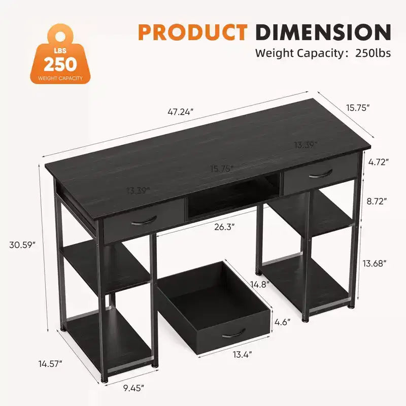 TUYOHW 48 Bureau d'ordinateur avec 2 tiroirs, bureau d'écriture avec étagères ouvertes pour coiffeuse, bureau d'étude, bureau de jeu pour bureau à domicile, dortoir
