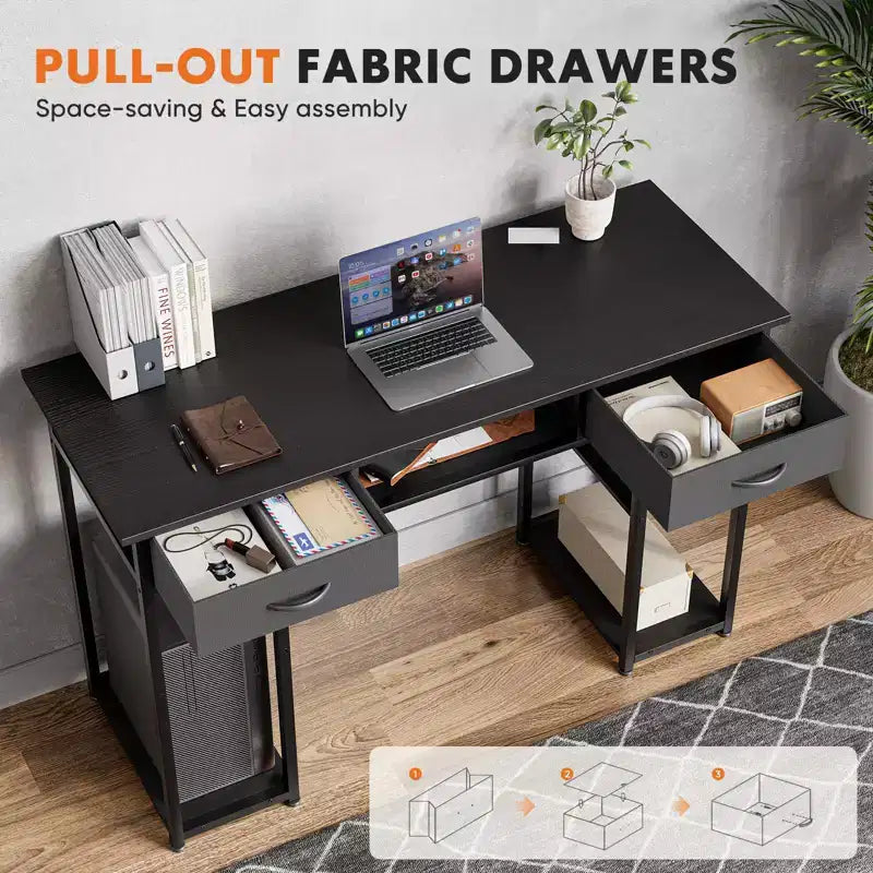 TUYOHW 48 Bureau d'ordinateur avec 2 tiroirs, bureau d'écriture avec étagères ouvertes pour coiffeuse, bureau d'étude, bureau de jeu pour bureau à domicile, dortoir