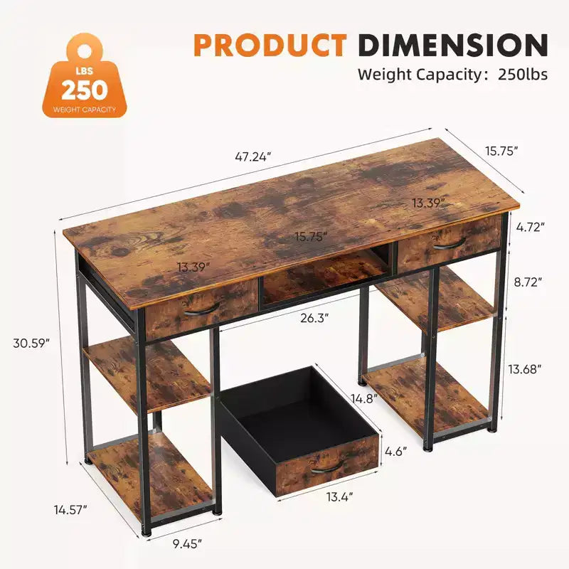 TUYOHW 48 Bureau d'ordinateur avec 2 tiroirs, bureau d'écriture avec étagères ouvertes pour coiffeuse, bureau d'étude, bureau de jeu pour bureau à domicile, dortoir