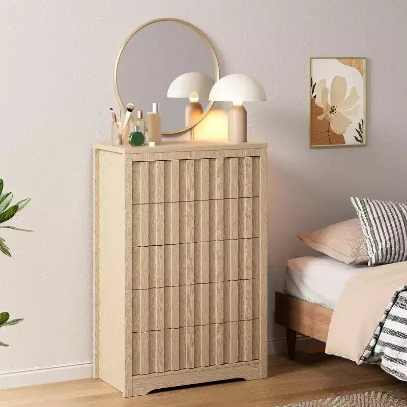 Commode de chambre à coucher avec 5 tiroirs, commode en bois de 120 cm de large, commode en bois pour TV, organisateur de rangement moderne, commodes modernes.