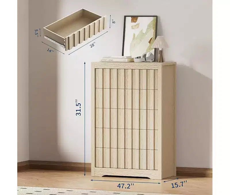 Commode de chambre à coucher avec 5 tiroirs, commode en bois de 120 cm de large, commode en bois pour TV, organisateur de rangement moderne, commodes modernes.